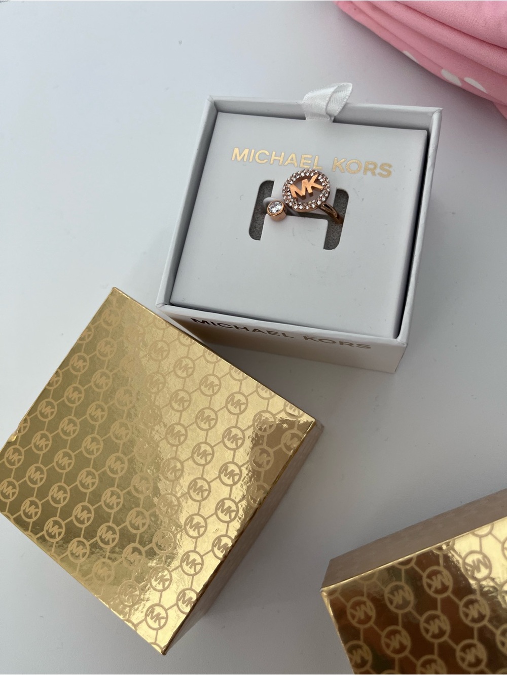 Michael Kors Rose Gold MK Logo Ring with Crystal Accent